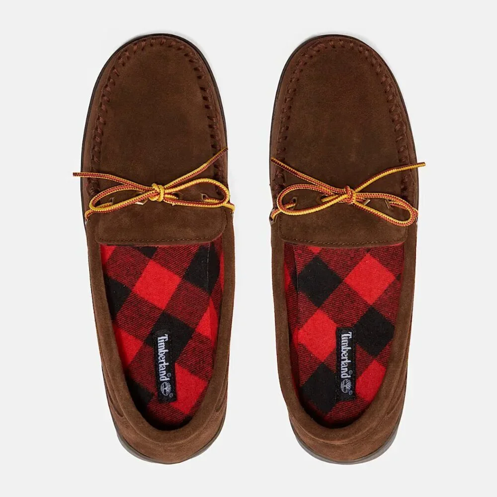 Timberland Men's Stony Ledge Flannel-Lined Moc Slipper in Dark Brown, size 7